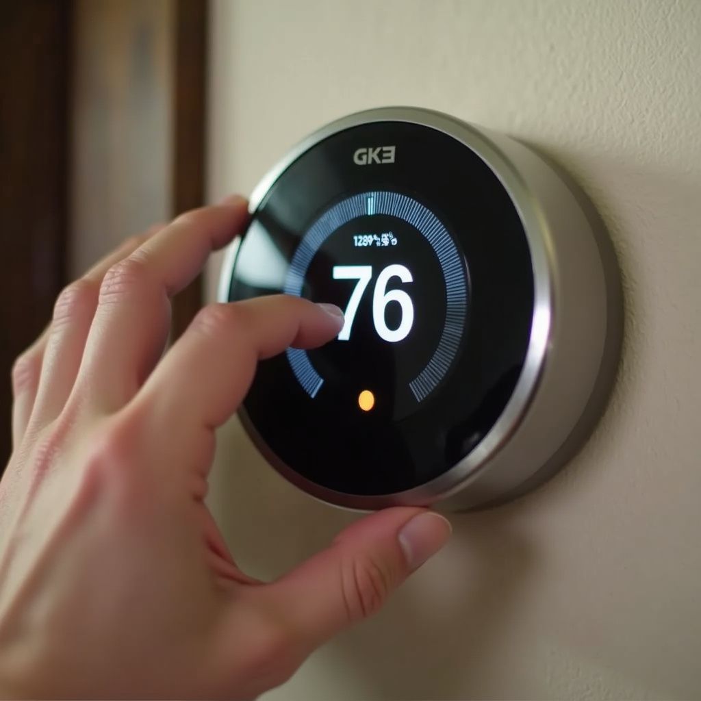 Hand adjusting a smart thermostat; display shows 76 degrees.