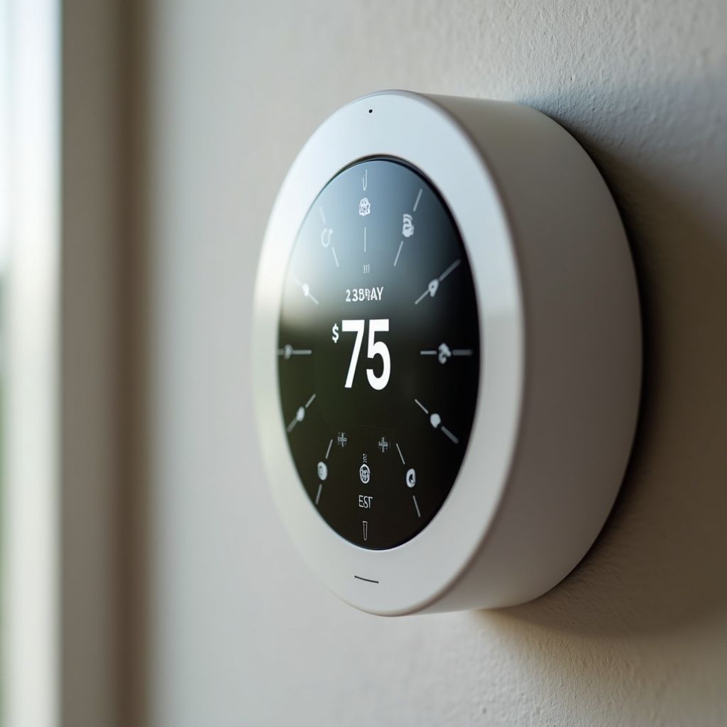 White smart thermostat displays 75 degrees on a wall.