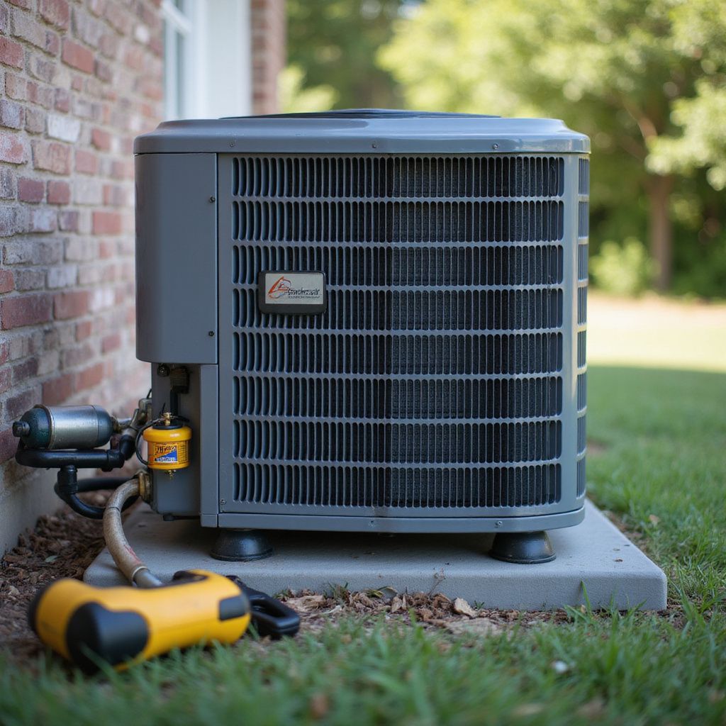 Gray air conditioning unit outside a brick building on a concrete pad. A yellow tool rests in front.