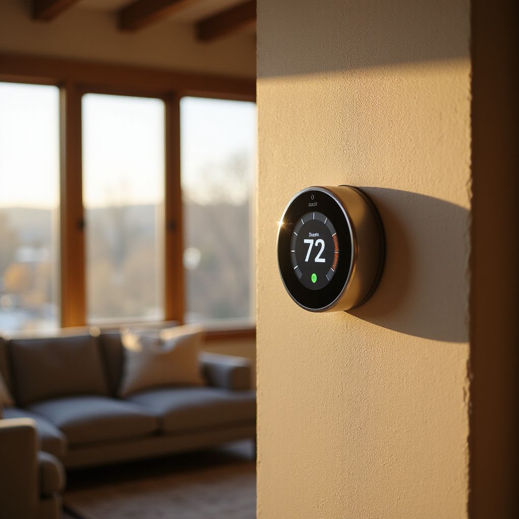 A smart thermostat displaying 72 degrees, mounted on a beige wall in a sunlit living room.