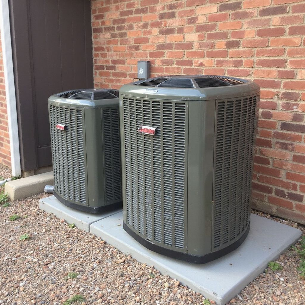Two dark green Goodman air conditioning units sit on gray concrete pads against a brick wall.