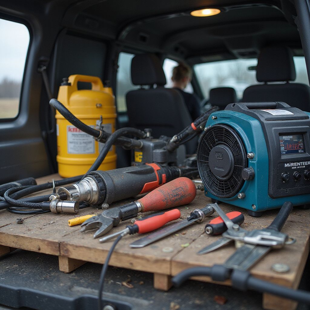 Tools and equipment in the back of a van, including a welder, with a person driving in the foreground.