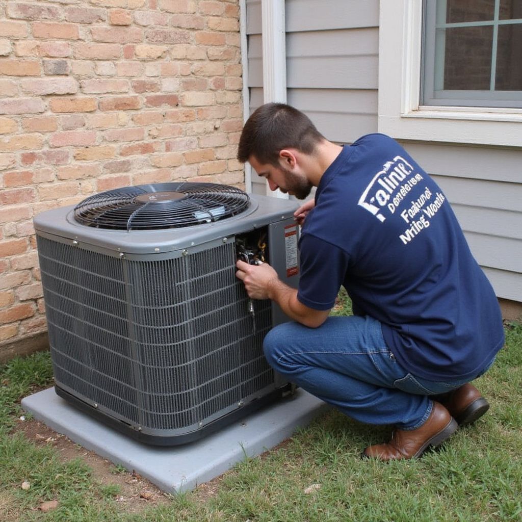 HVAC technician inspecting an air conditioning unit outside a house.