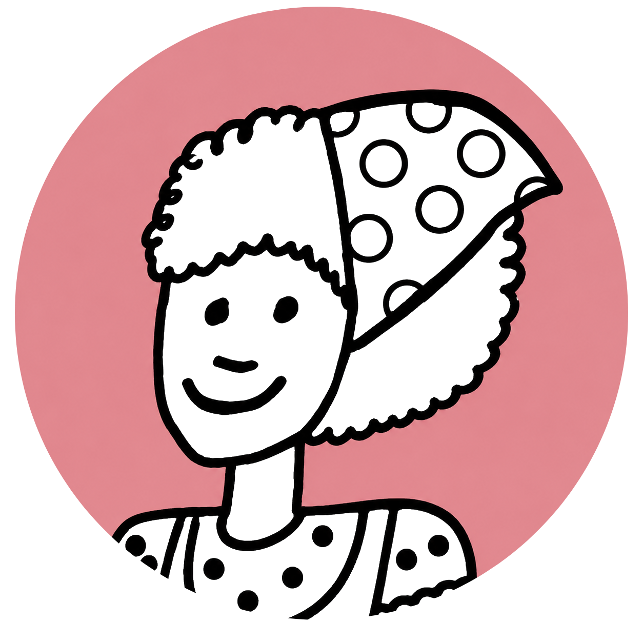 Cartoon person with curly hair and polka-dot hat, smiling on a pink circular background