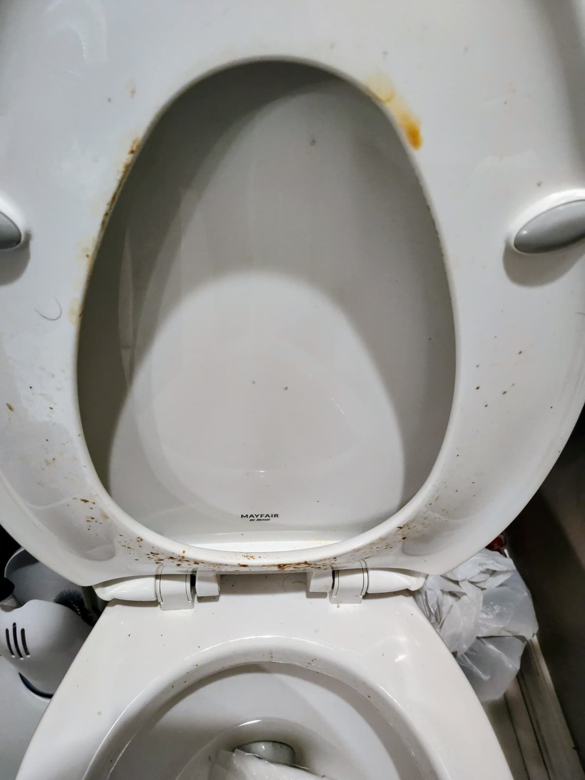 Open toilet with white seat, showing visible stains and a small orange mark on the bowl rim