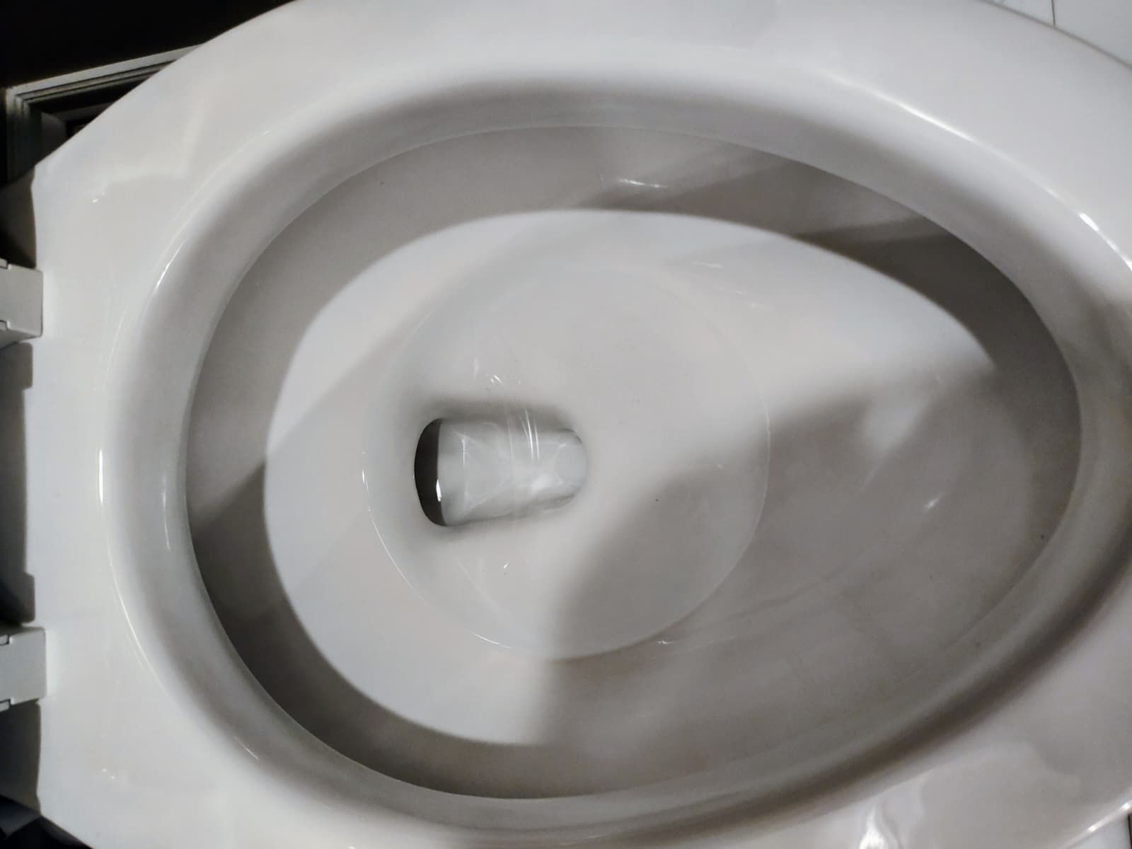 Top-down view of a white toilet bowl with water and a small object in the center