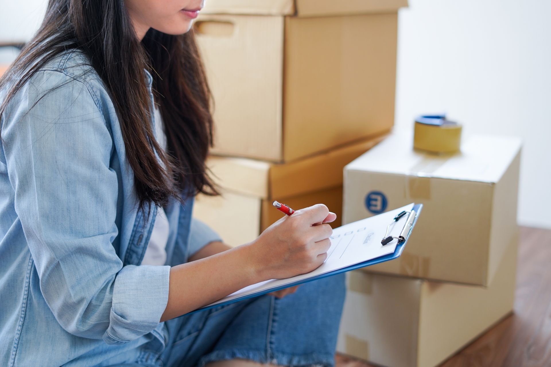 A woman is sitting on the floor with boxes and writing on a clipboard.
