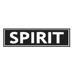 A black and white logo with the word spirit in white letters.