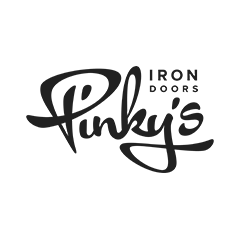 A black and white logo for pinky 's iron doors.