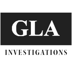 A black and white logo for gla investigations