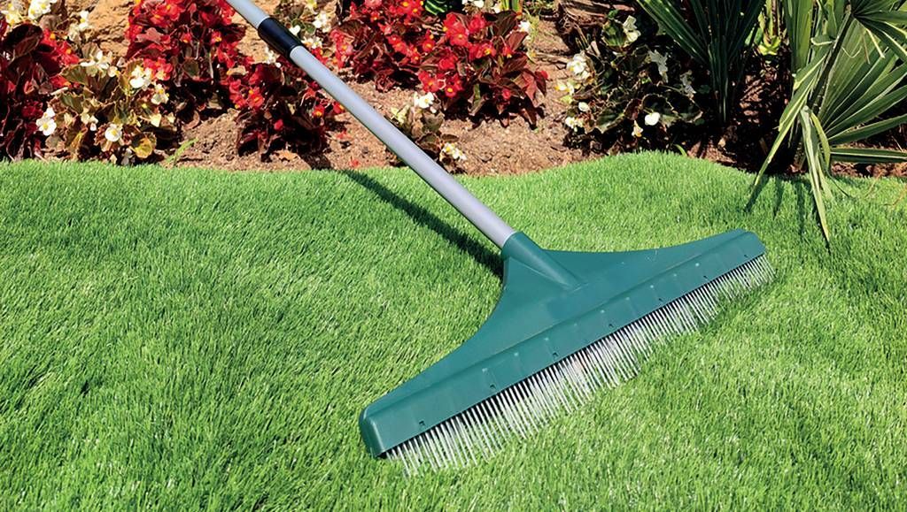 Green rake on a patch of artificial grass, likely for grooming; flowers in the background.