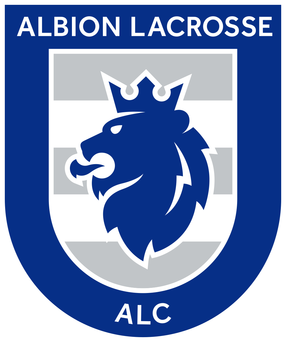 Albion Lacrosse logo: blue lion with crown on shield, "ALC" below, "ALBION LACROSSE" above.