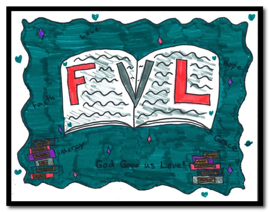 Poster featuring an open book with FVL on the pages, a dark teal background.
