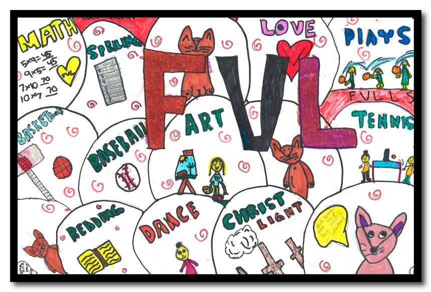 Poster featuring bubbles of areas of interest such as art, sports, and the like. It also features the text FVL.