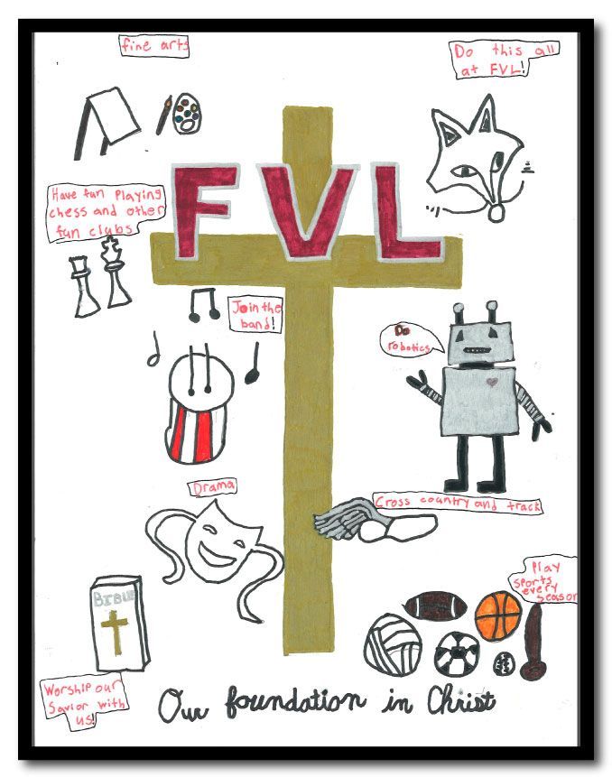 Poster featuring a cross, the letters FVL, a robot, chess pieces, athletic equipment, a foxhead, and more