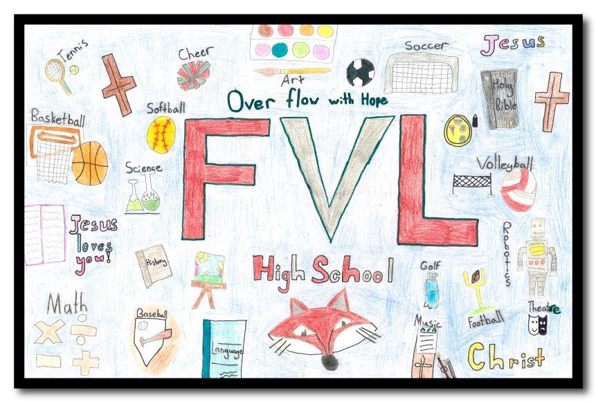 Poster featuring text that says Overflow with Hope and FVL. Also includes mini drawings of a variety of sports and other student activities