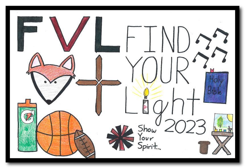 Poster with text Find Your Light 2023, a foxhead, basketball, and music notes