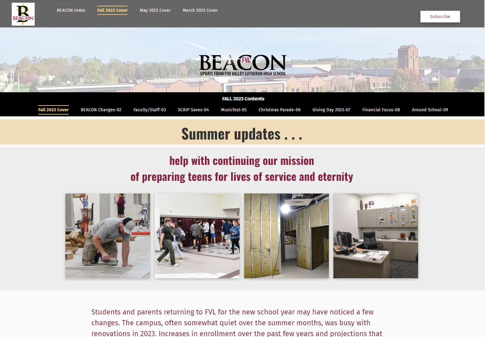 Screen shot of the Fall 2023 BEACON with the lead article about summer updates