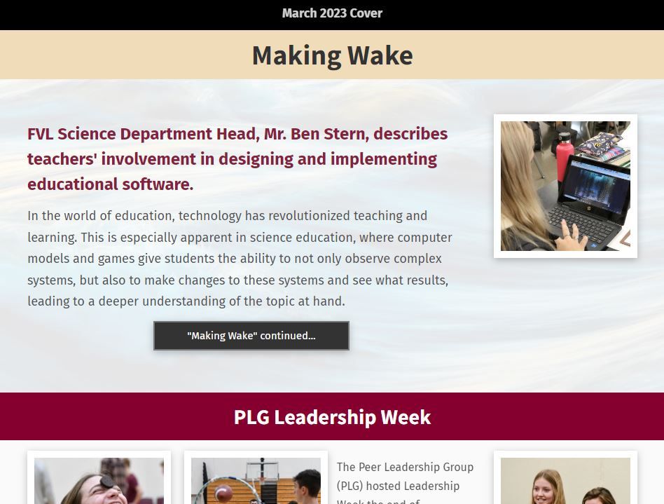 Screen shot of the March 2023 cover article, Making Wake, and a portion of the PLG Leadership Week photos and text