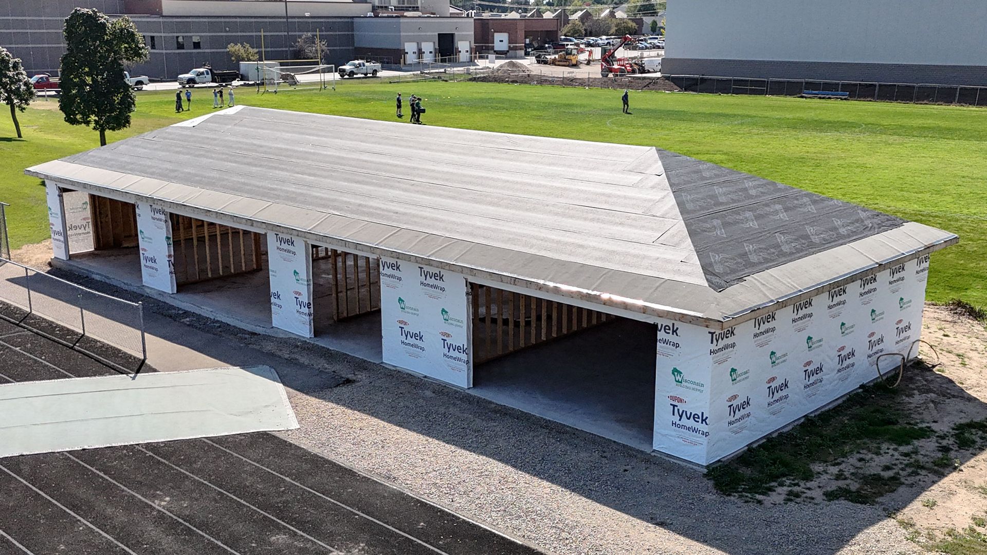 Partially constructed storage facility near the track/football field