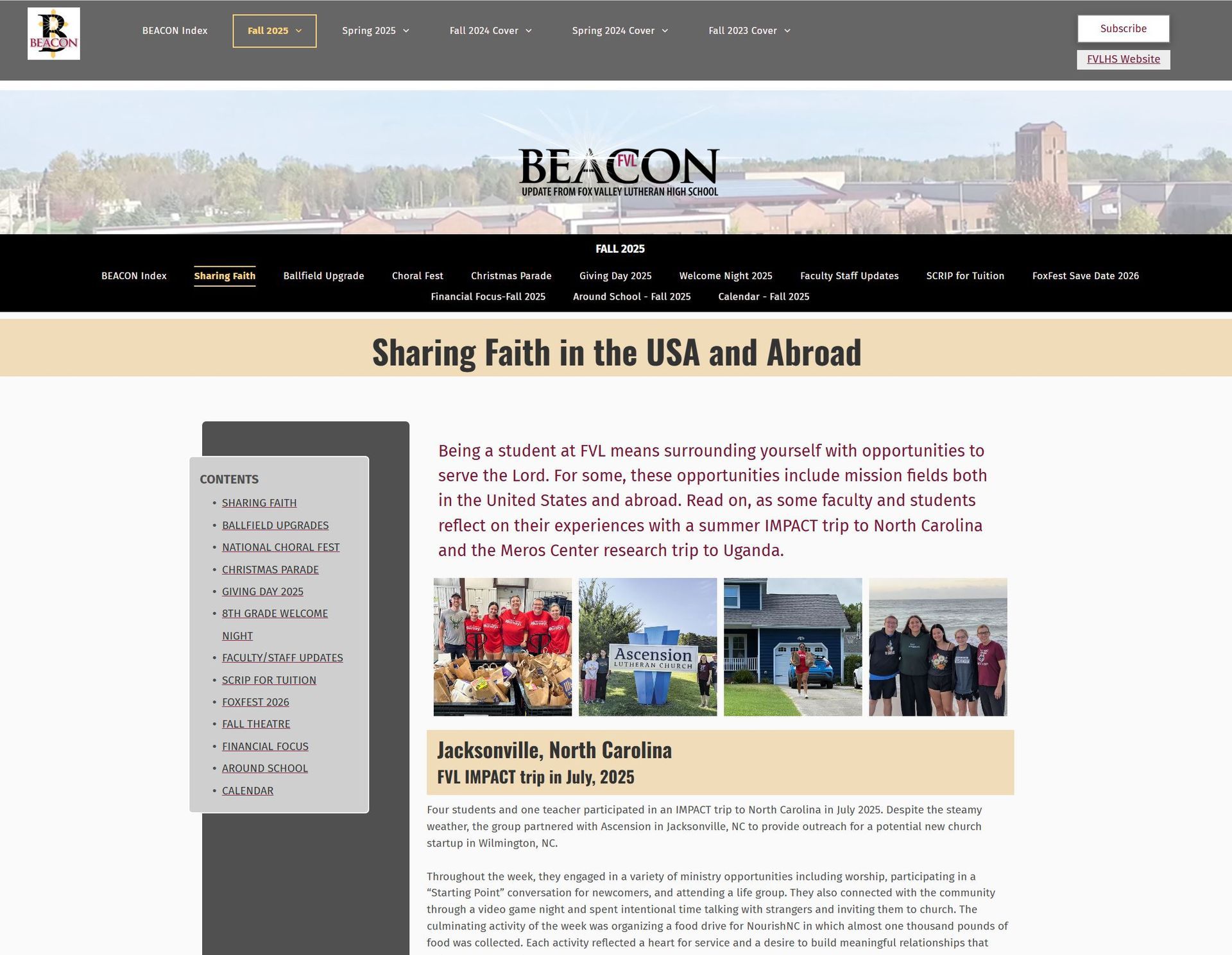 Screen shot of the Fall 2025 BEACON with the lead article about summer mission trips