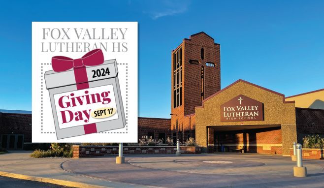 FVL Tower entrance with blue sky in the background and with the 2024 Giving Day logo on the left