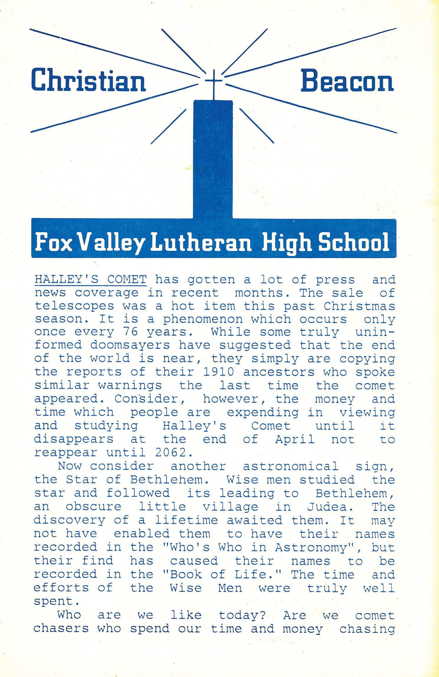 January 1986 BEACON with a post-Christmas article about Halley's Comet