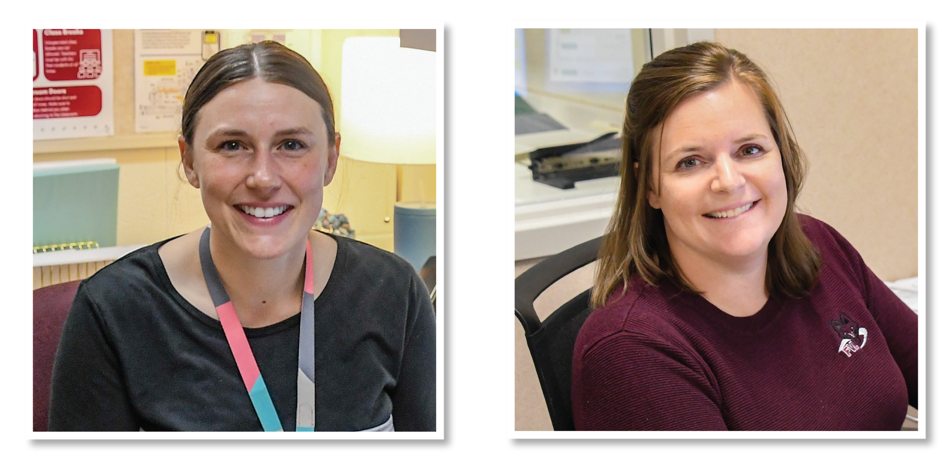 Kristen Zuberbier is pictured on the left and Amanda Voight is pictured on the right - both sitting at their desks, smiling