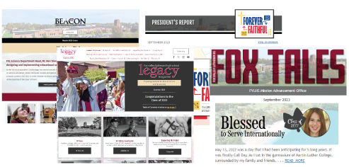 Screen shots of the BEACON, President's Report, Legacy Magazine, and Fox Tales