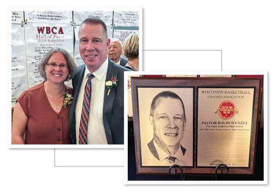 Dave and Deb Wenzel and a photo of the Hall of Fame plaque received