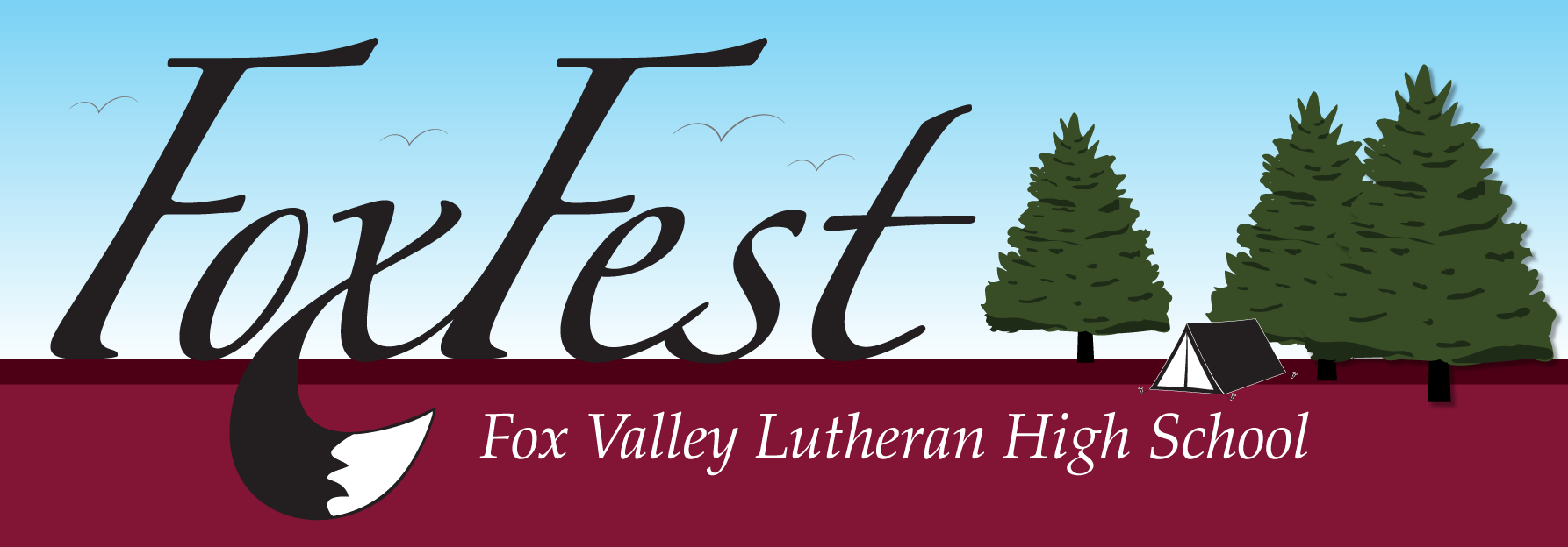 FoxFest logo in a forest with a tent and birds in the air