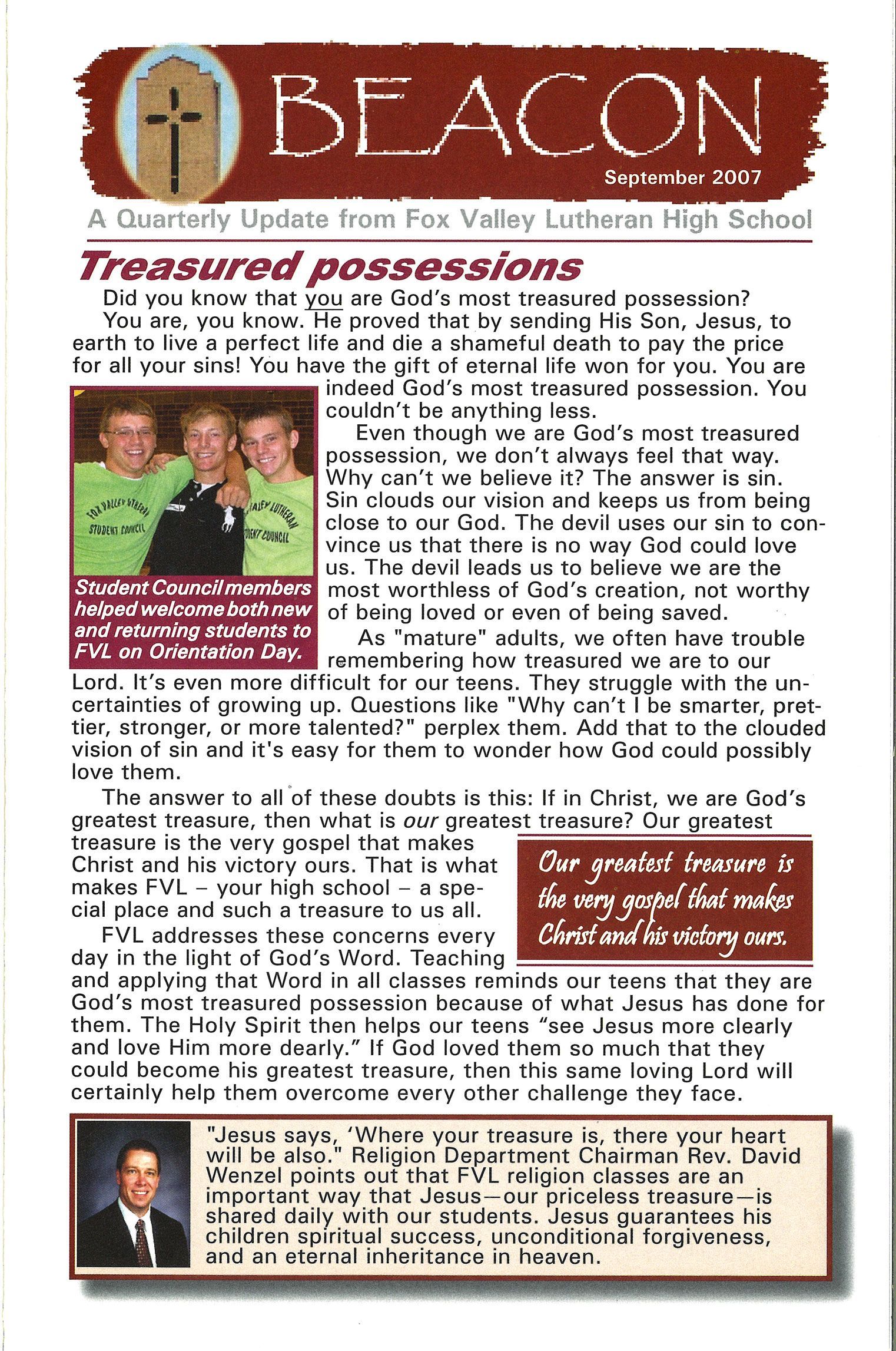 September 2007 BEACON cover and an article about us being God's treasured posessions