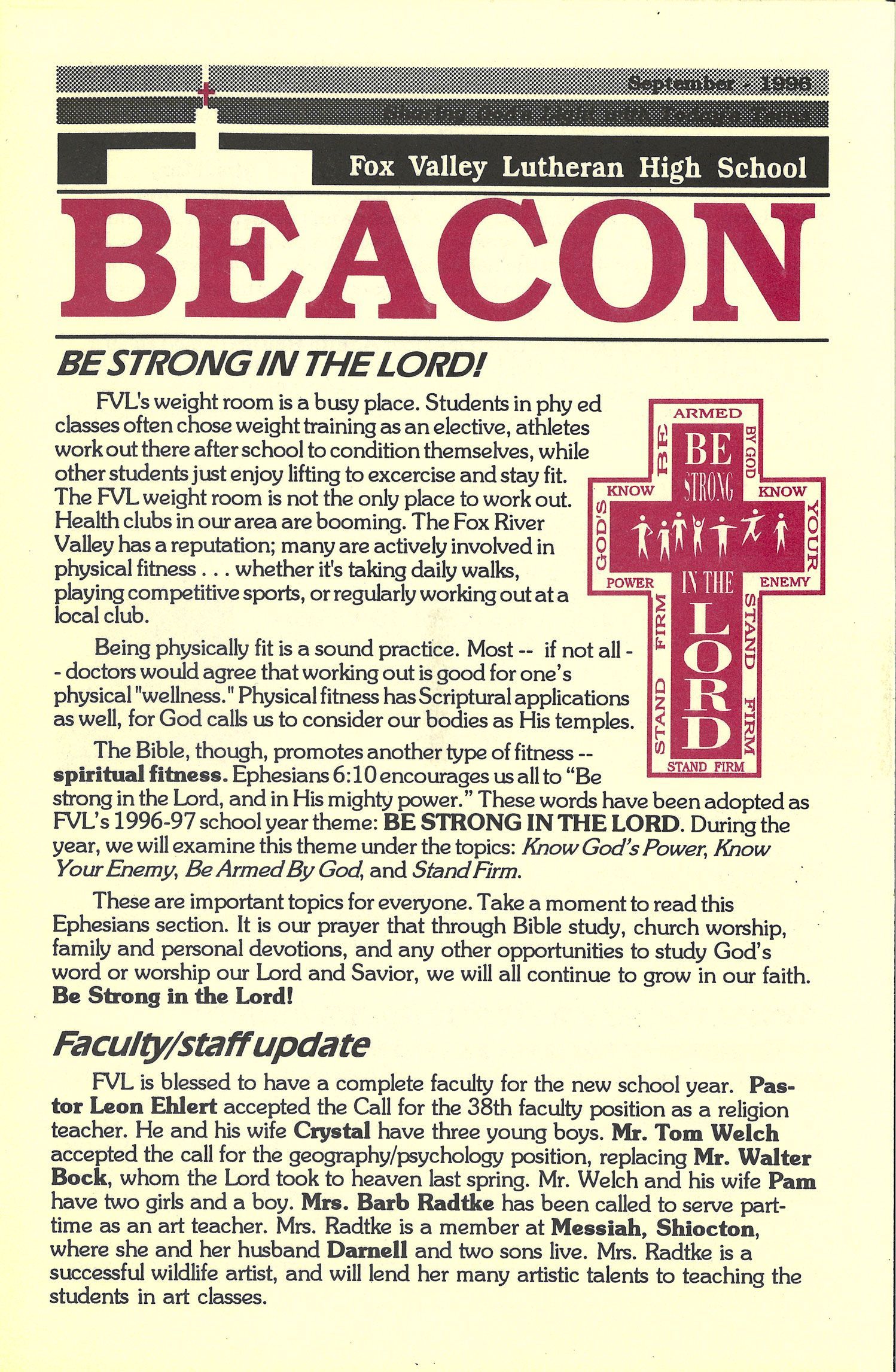 September 1996 BEACON cover with an article about being strong in the Lord, and a second one sharing faculty updates
