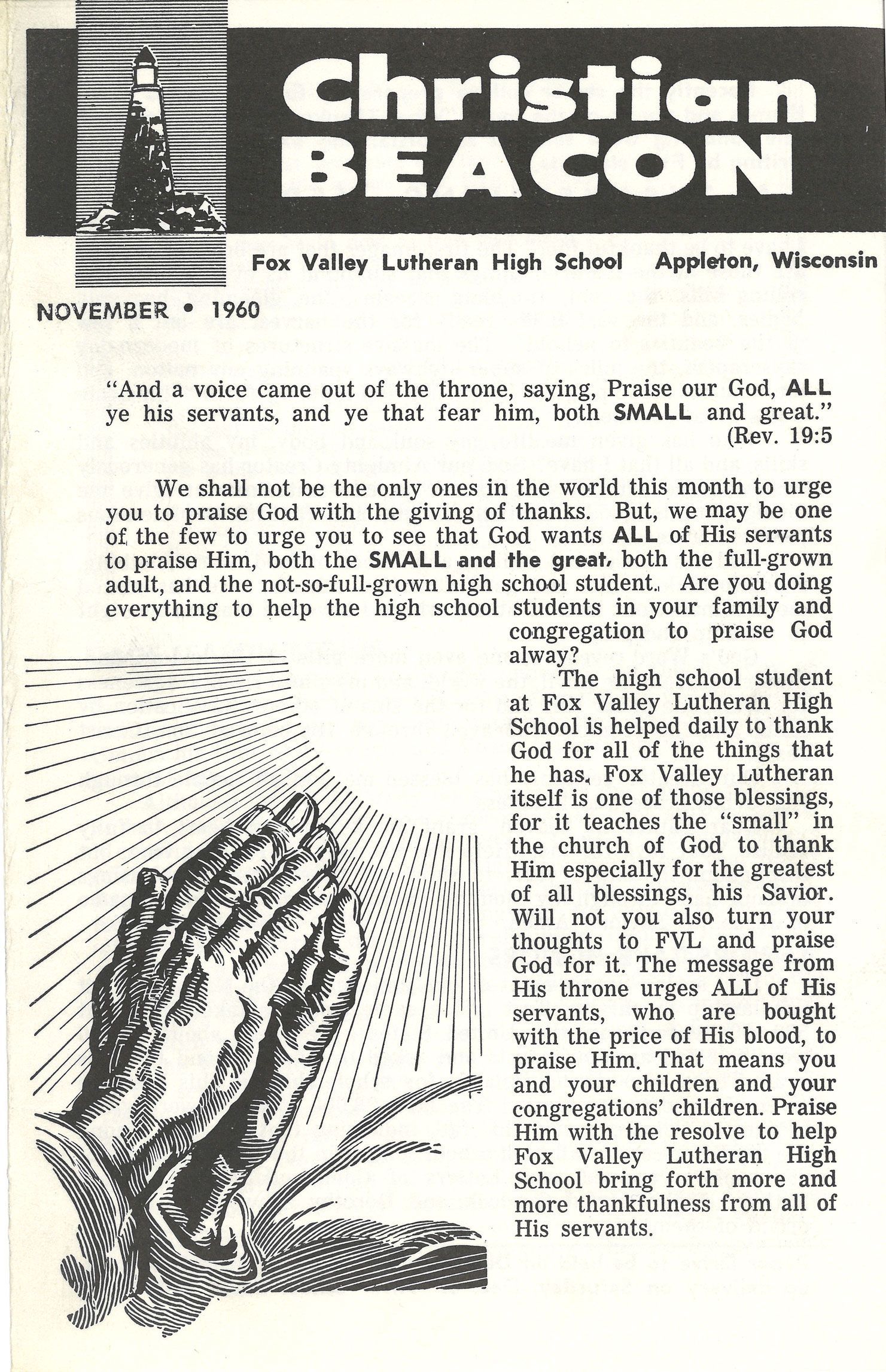 November 1960 BEACON cover with a drawing of praying hands and a devotion about giving thanks