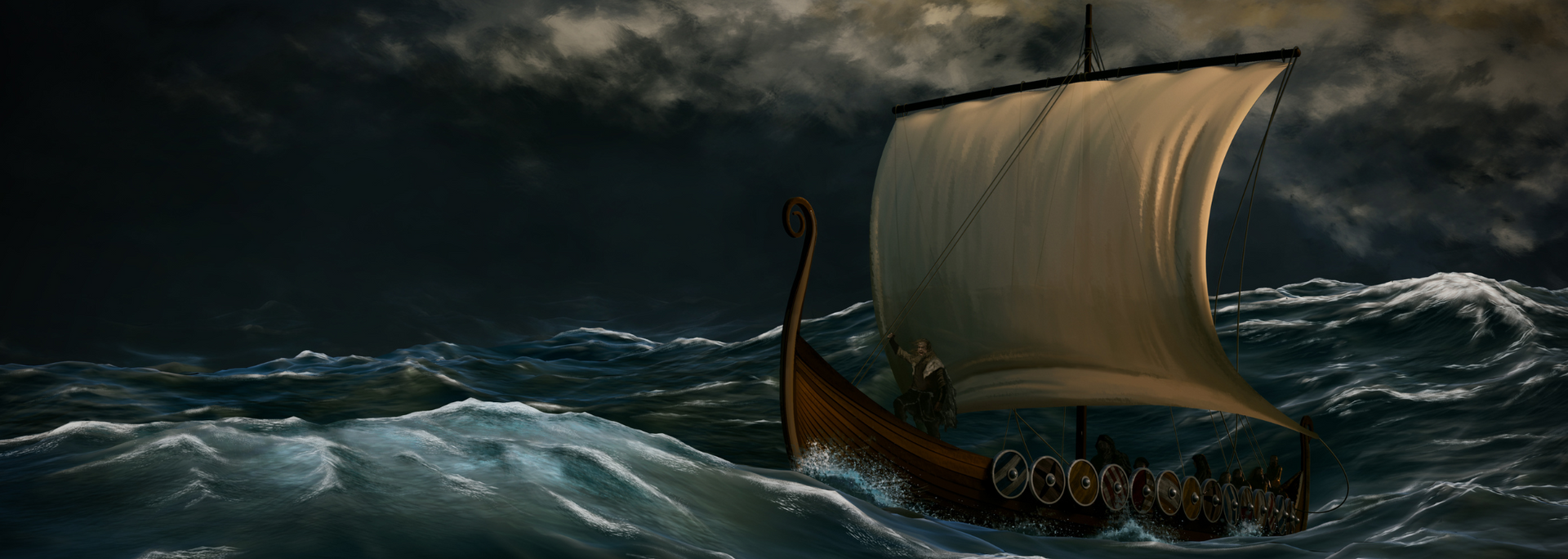 Picture of a Viking longboat out at sea.