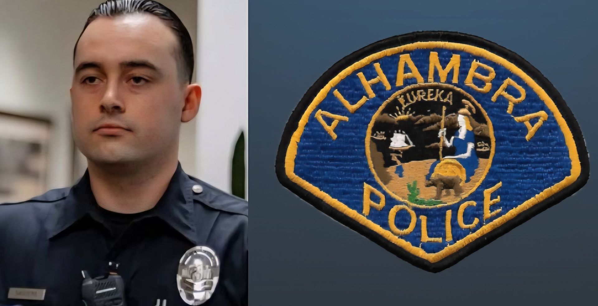Alhambra police officer wearing uniform next to the Alhambra Police patch.