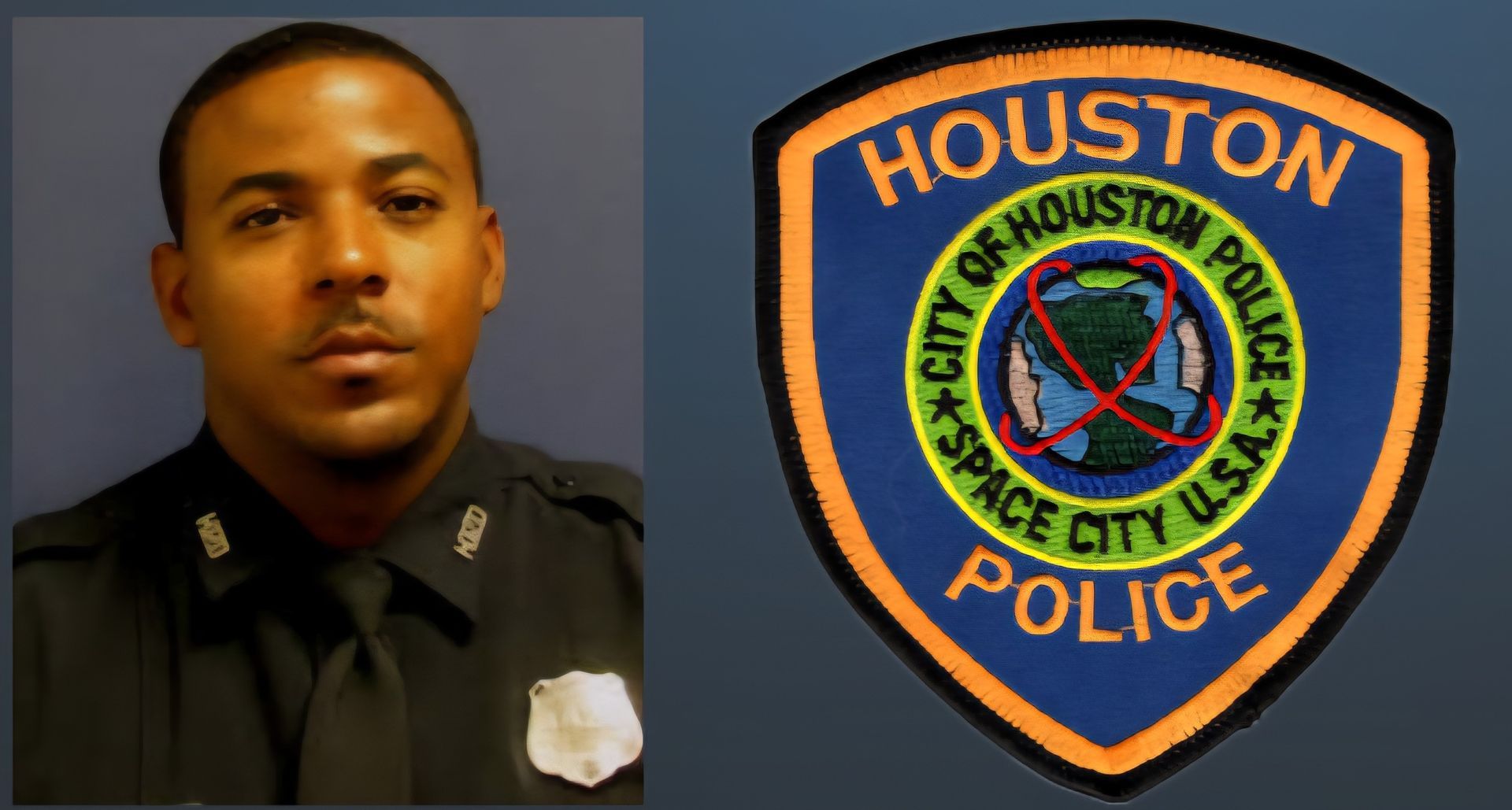 Houston police officer next to the Houston Police Department patch. Officer is Black, wearing uniform.