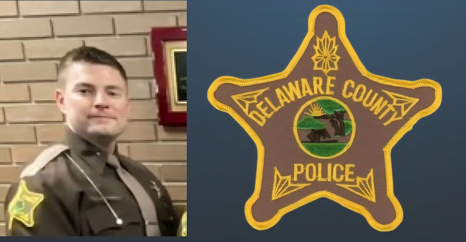 Delaware County Police officer in uniform, next to the Delaware County Police badge.