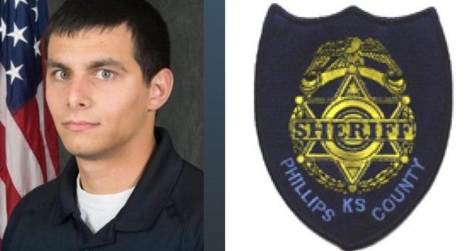 Officer with a somber expression, next to a Phillips County Sheriff badge.