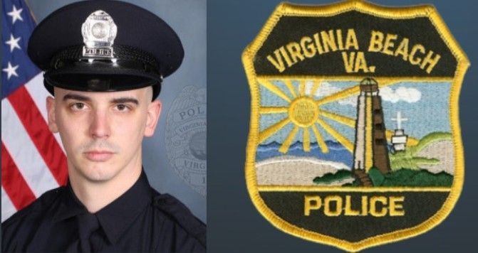A virginia beach police badge next to a police officer