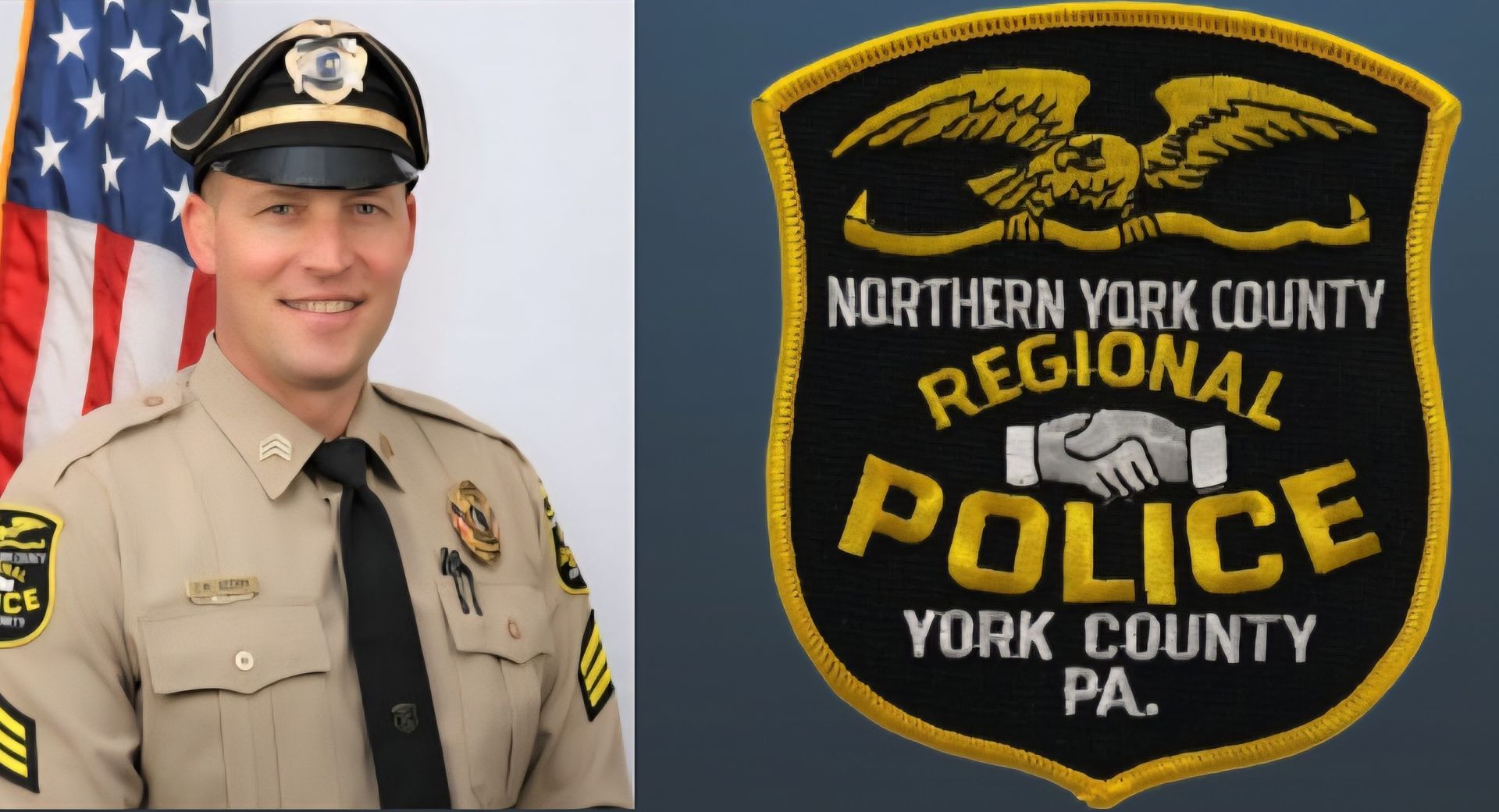 Police officer in uniform next to Northern York County Regional Police badge.