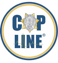 The cop line logo is a blue and gold circle with a police badge on it.