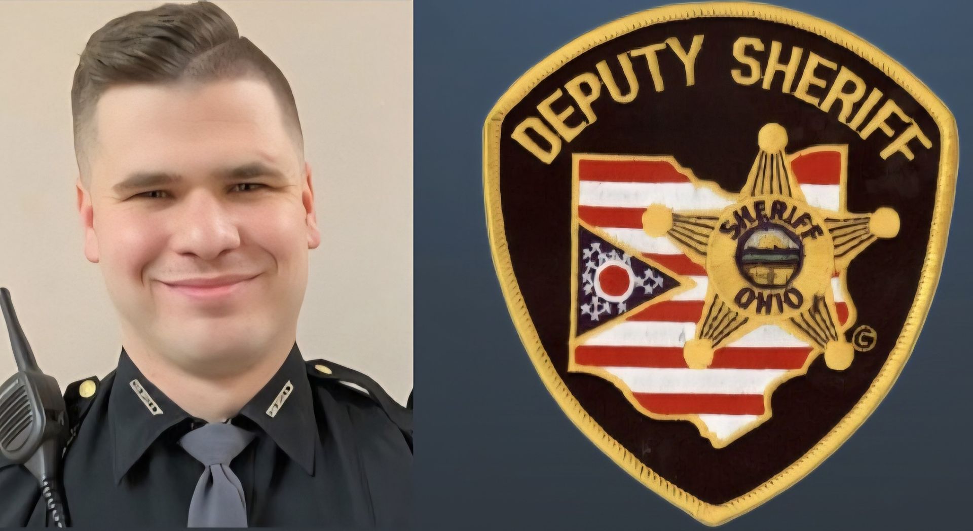 A man in a police uniform is next to a deputy sheriff badge