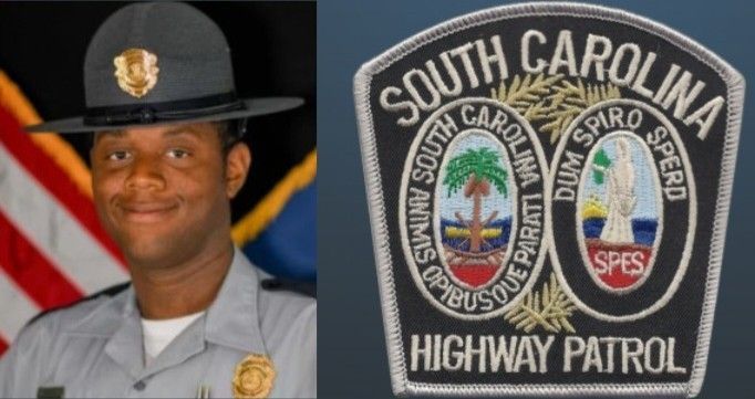 South Carolina Highway Patrol officer in uniform, smiling next to a badge displaying state seal.
