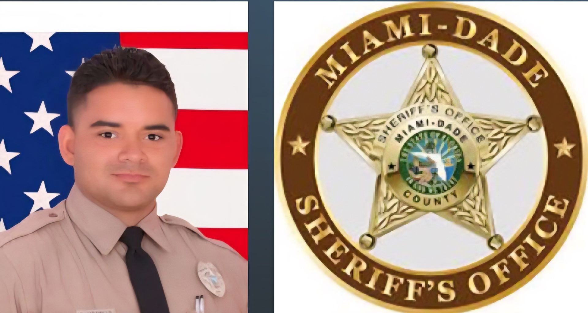 Miami-Dade Sheriff’s Office employee portrait next to the office's badge with an American flag background.