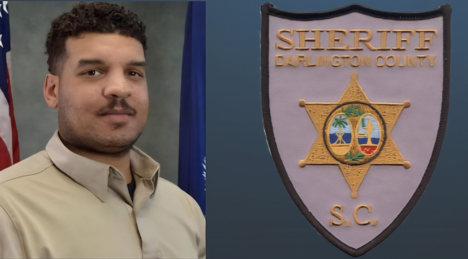 Darlington County Sheriff's officer with badge. Man with dark hair and mustache wearing tan uniform.