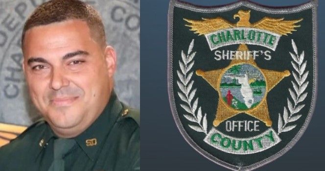 A man in a uniform is next to a badge for charlotte sheriff 's office county