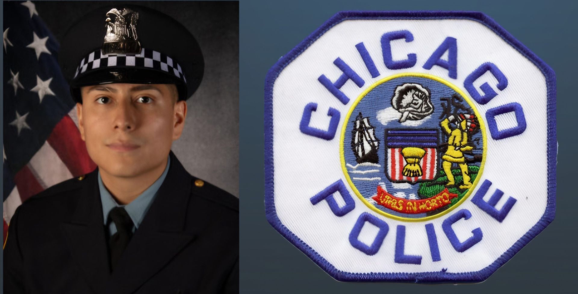 A man in a police uniform is next to a chicago police patch