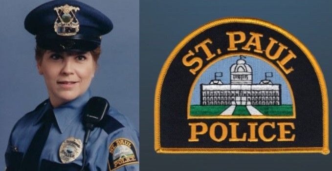 A woman in a police uniform next to a st. paul police patch