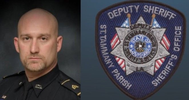 A man in a police uniform next to a deputy sheriff 's office patch